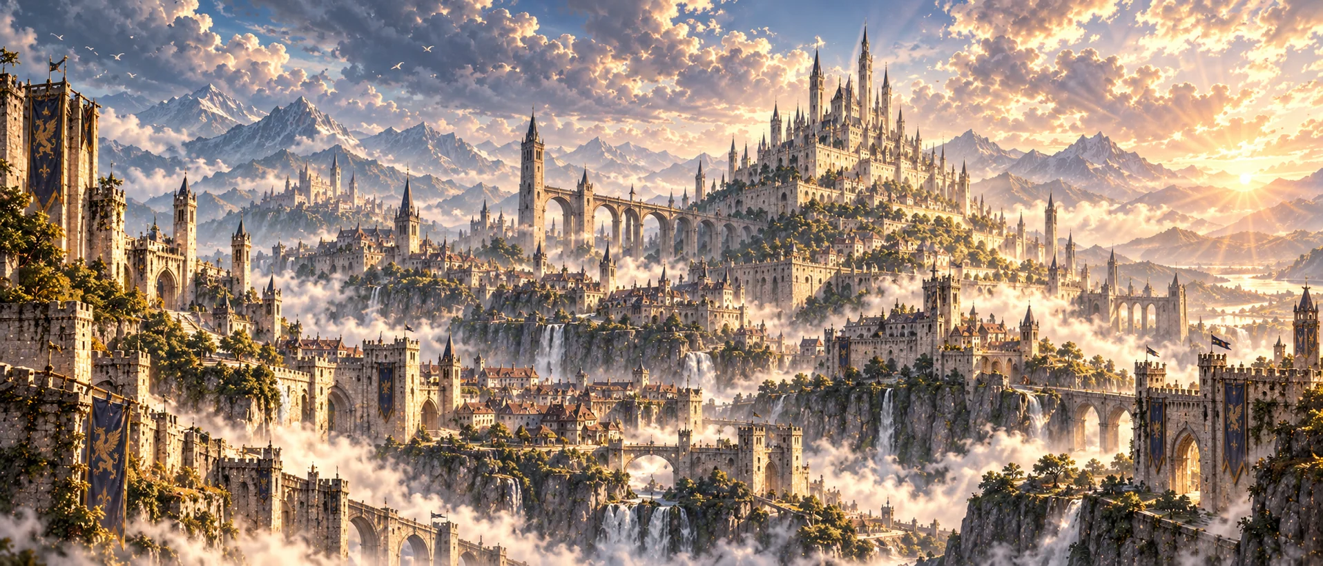 Panorama monumental de New Empire, com castelos, pontes e montanhas envoltos por névoa